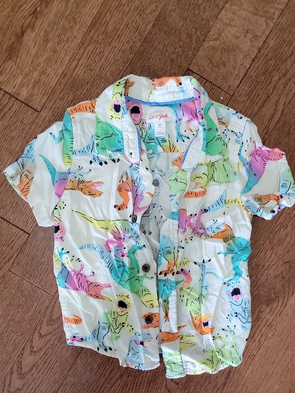 Cat & Jack White Short-Sleeve Button-Up Shirt with Multicolor Dino Print